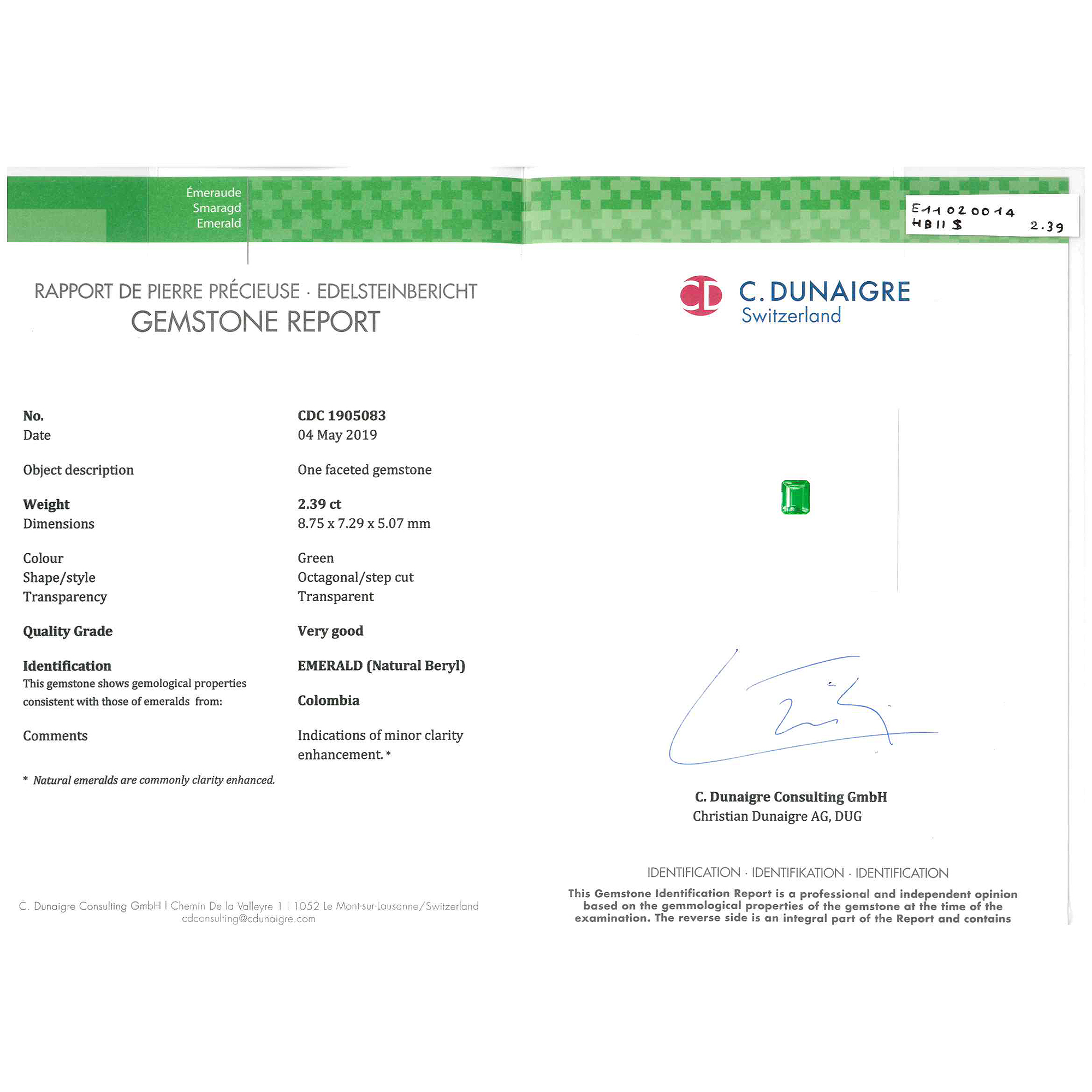 Certified Octagon Shaped Emerald Stone CDC1905083