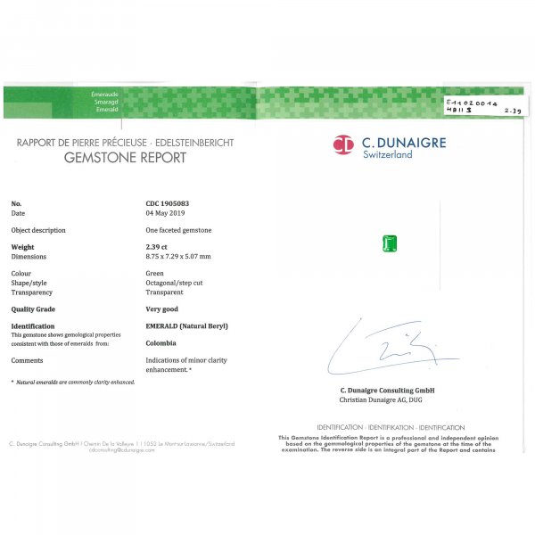 Certified Octagon Shaped Emerald Stone CDC1905083