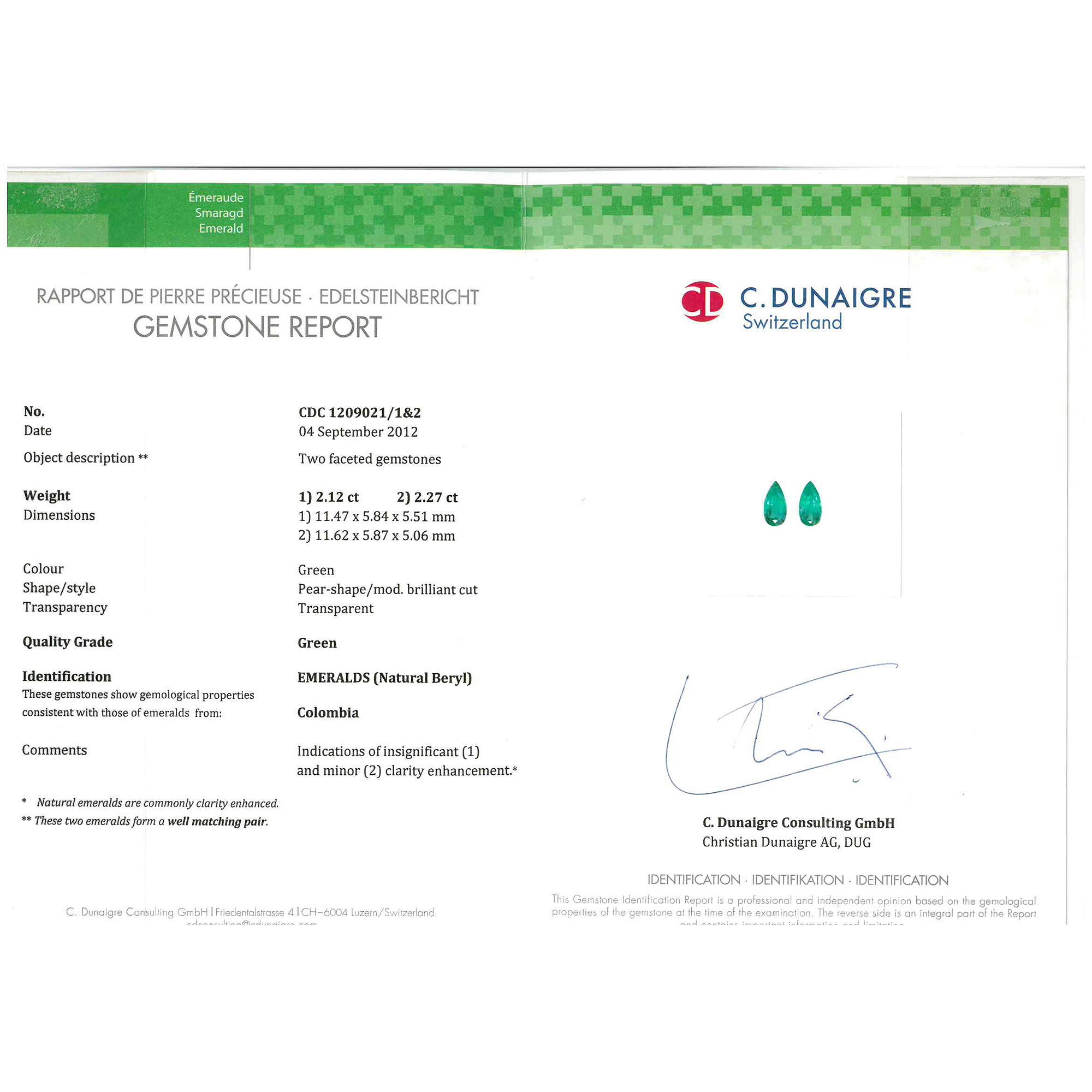 Certified Pear Shaped Emerald Stone CDC120902112