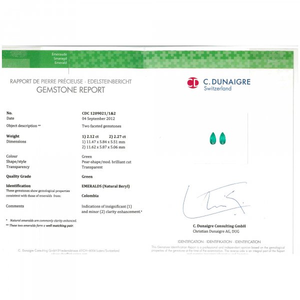 Certified Pear Shaped Emerald Stone CDC1209021/1&amp;2
