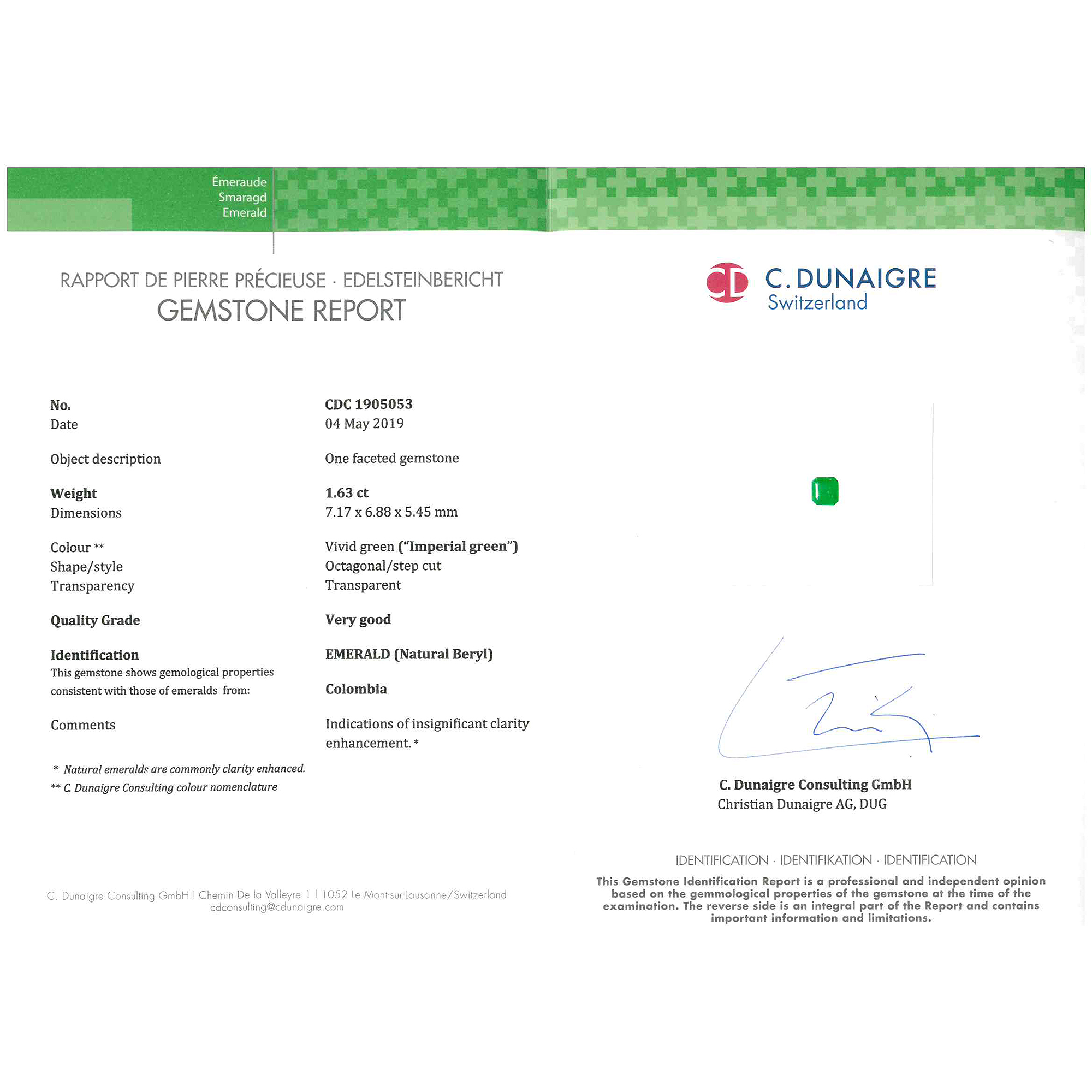 Certified Octagon Shaped Emerald Stone CDC1905053