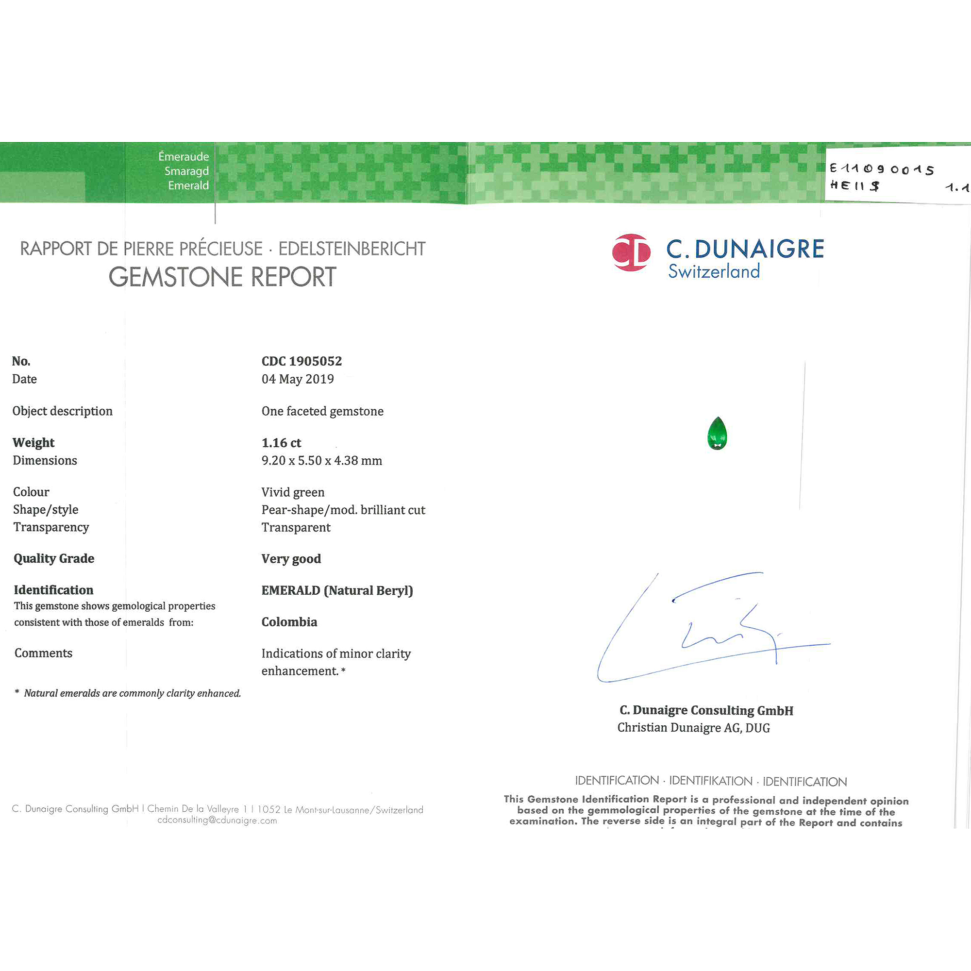 Certified Pear Shaped Emerald Stone CDC1905052