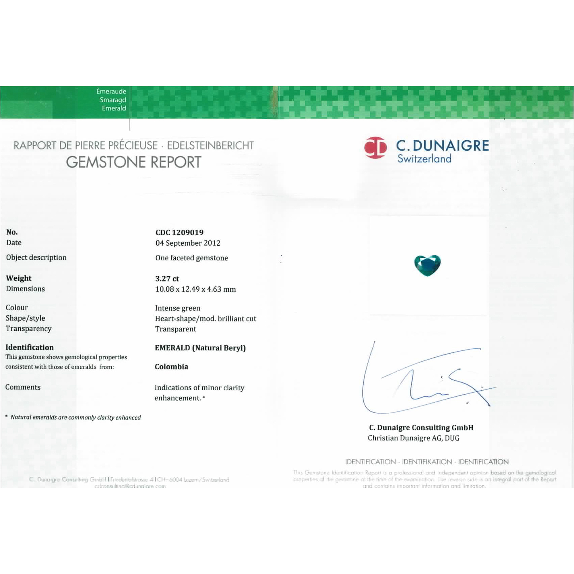 Certified Heart Shaped Emerald Stone CDC1209019