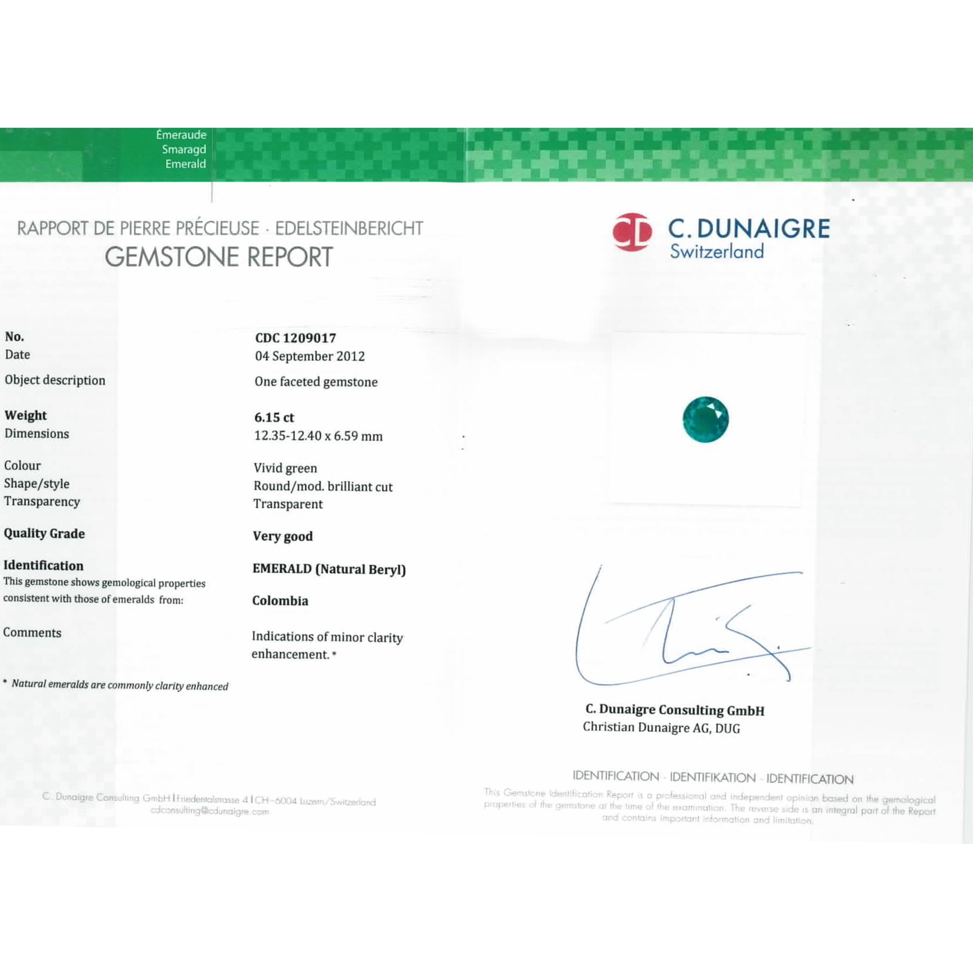Certified Round Shaped Emerald Stone CDC1209017
