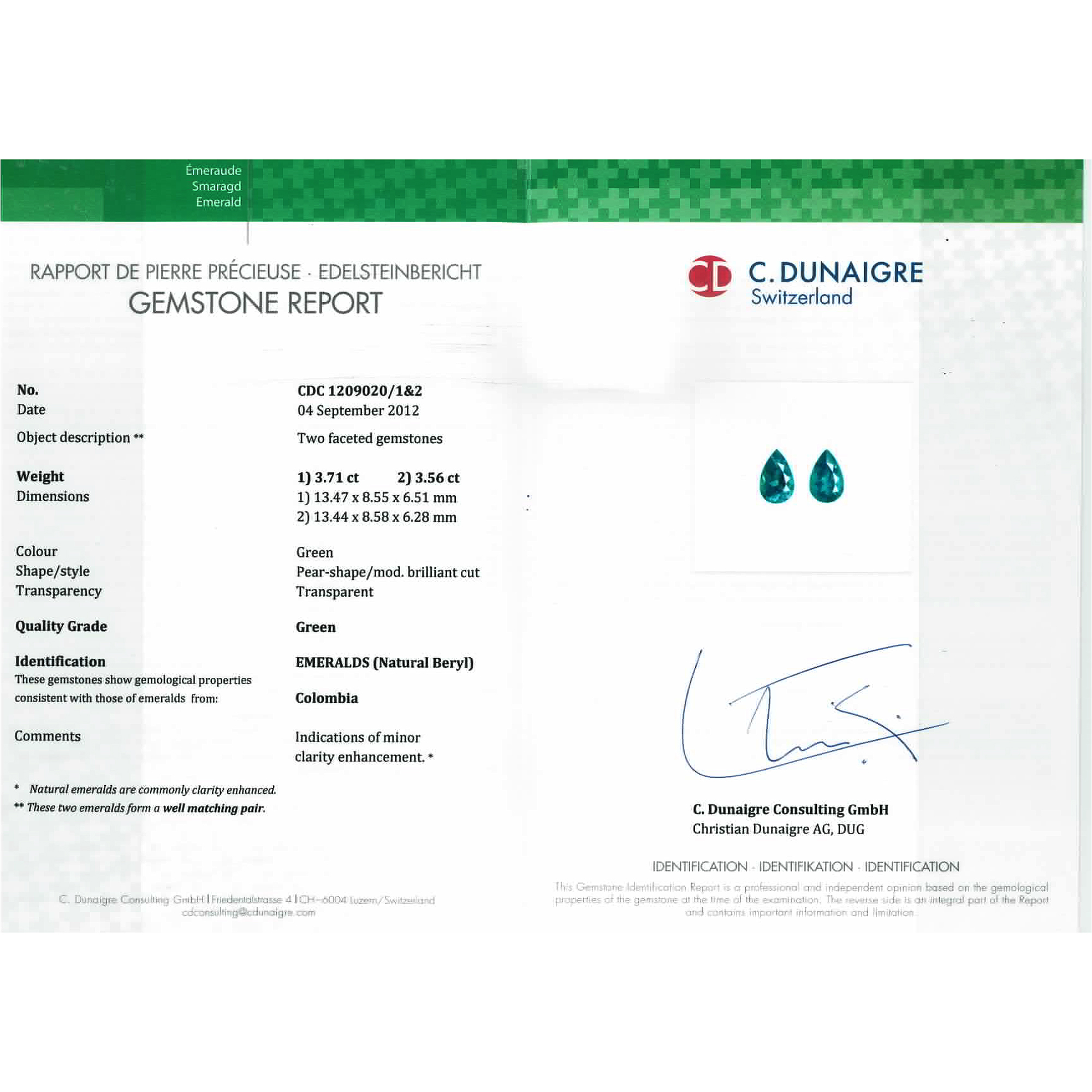 Certified Pear Shaped Emerald Stone CDC120902012