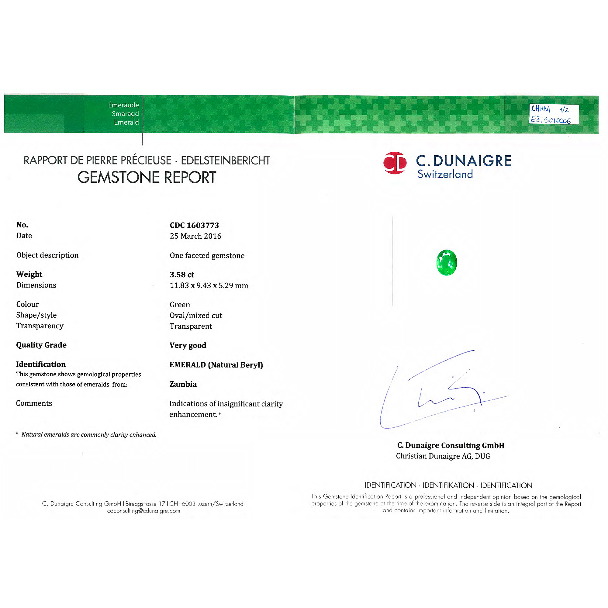Certified Oval Shaped Emerald Stone CDC1603773