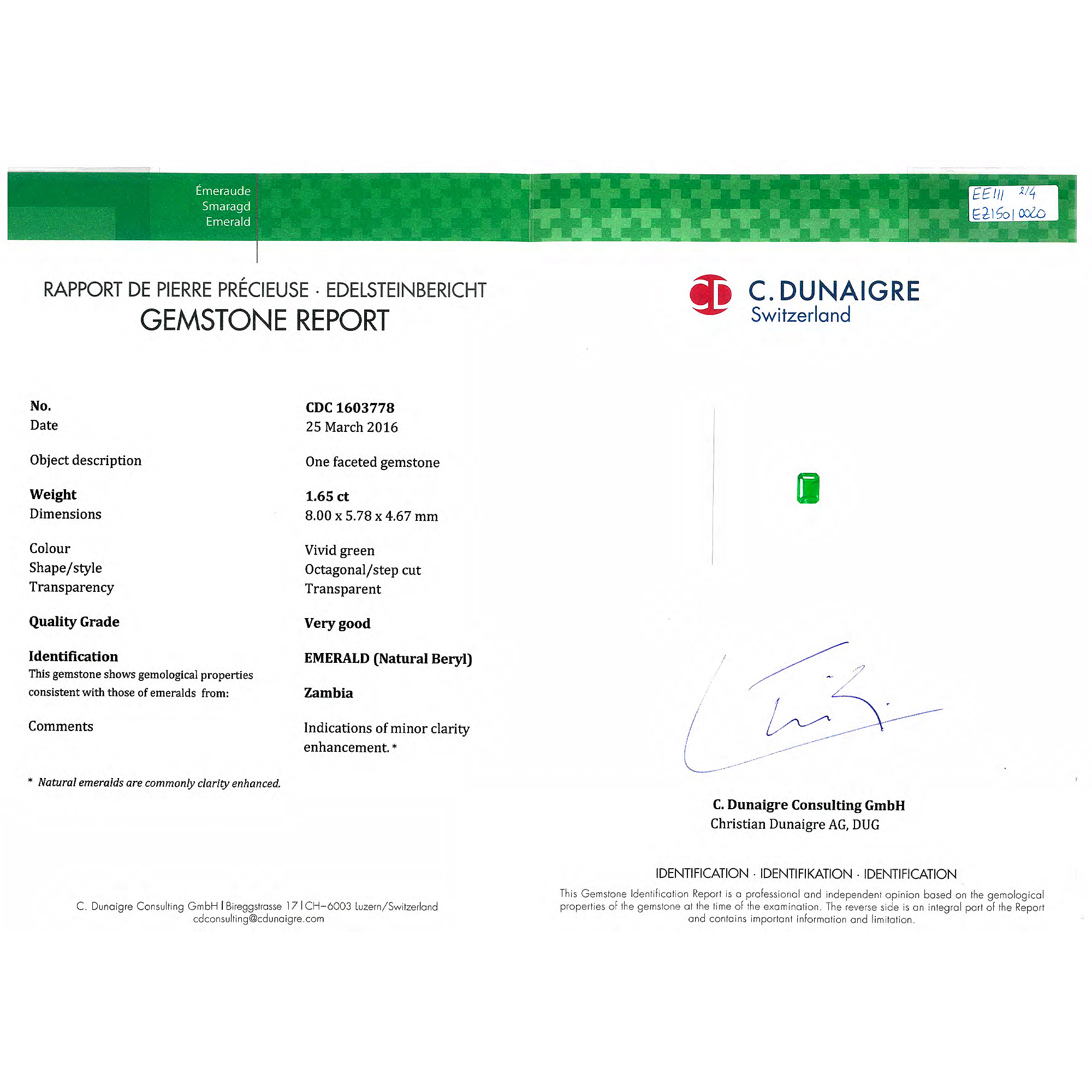 Certified Octagon Shaped Emerald Stone CDC1603778