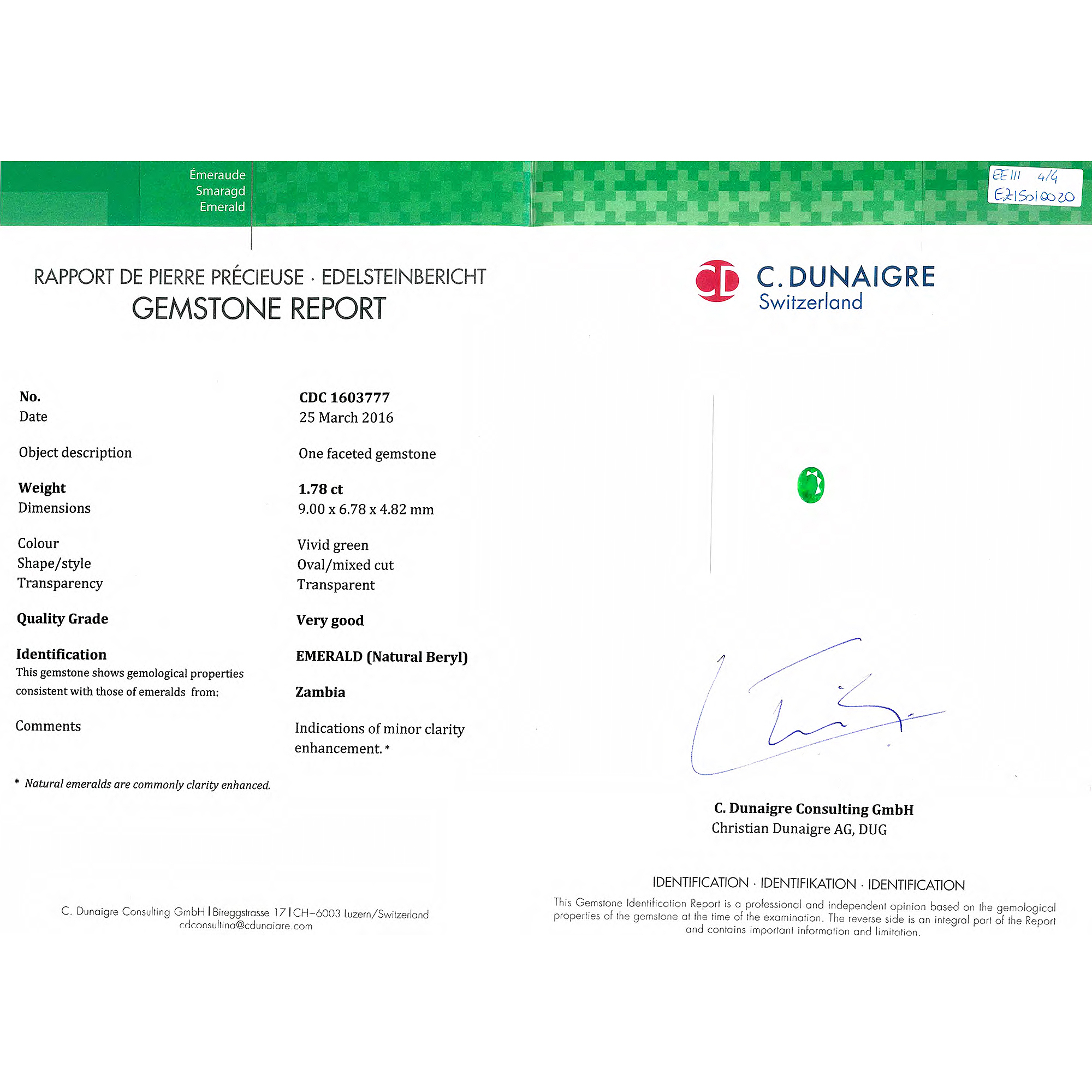 Certified Oval Shaped Emerald Stone CDC1603777