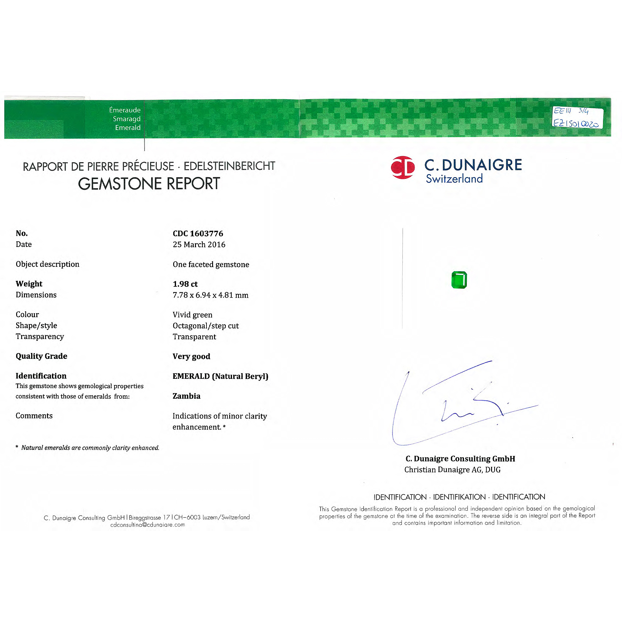 Certified Octagon Shaped Emerald Stone CDC1603776