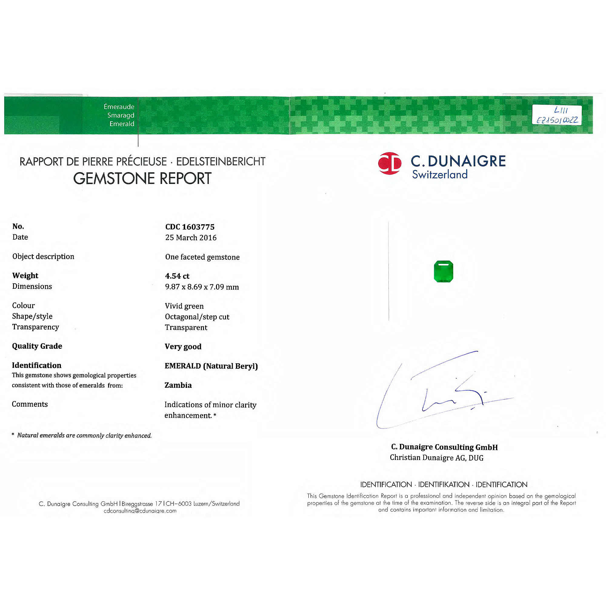 Certified Octagon Shaped Emerald Stone CDC1603775