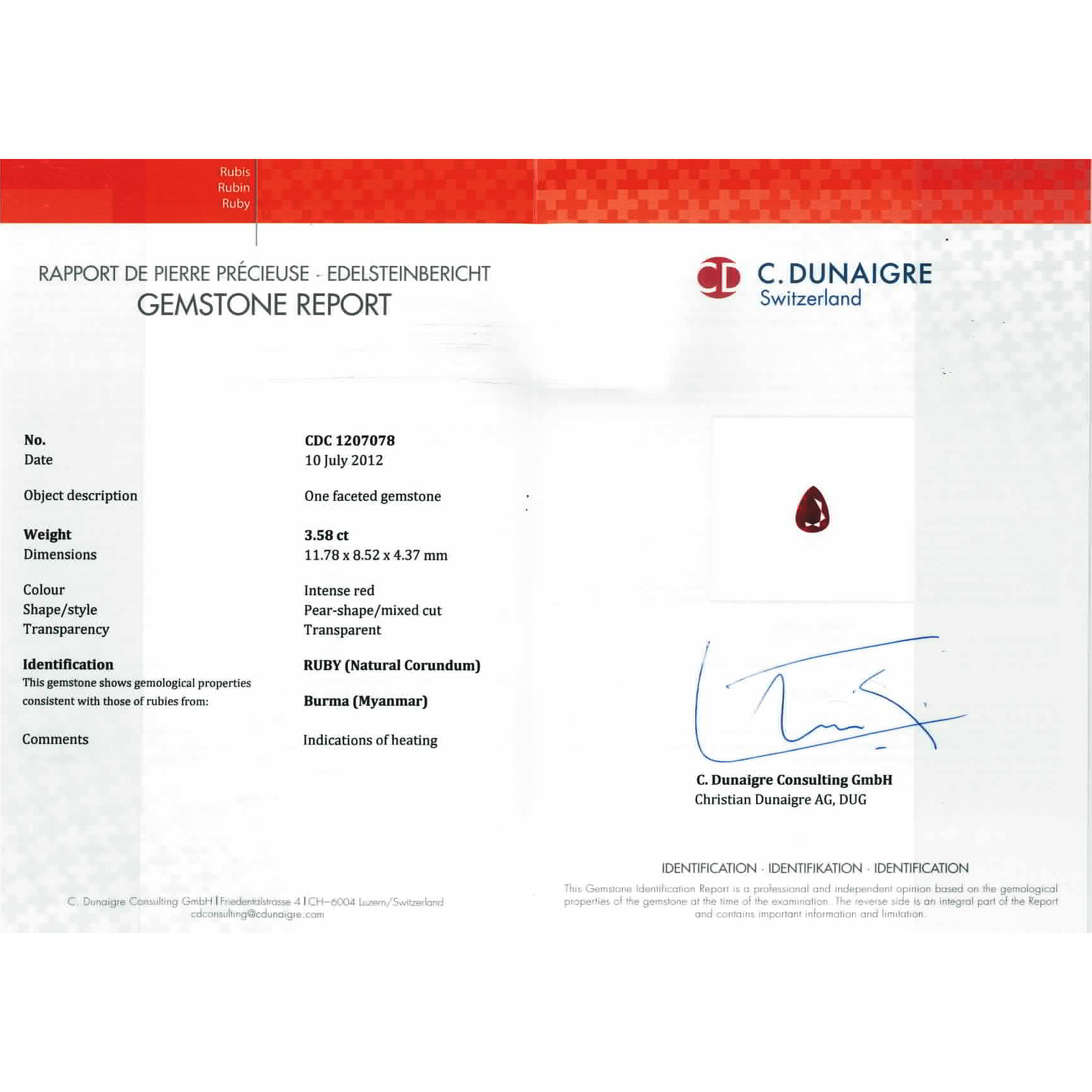 Certified Pear Shaped Ruby Stone CDC1207078