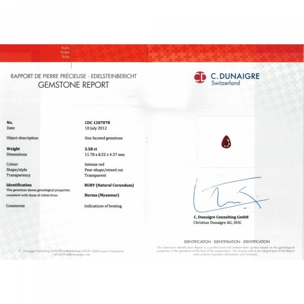 Certified Pear Shaped Ruby Stone CDC1207078