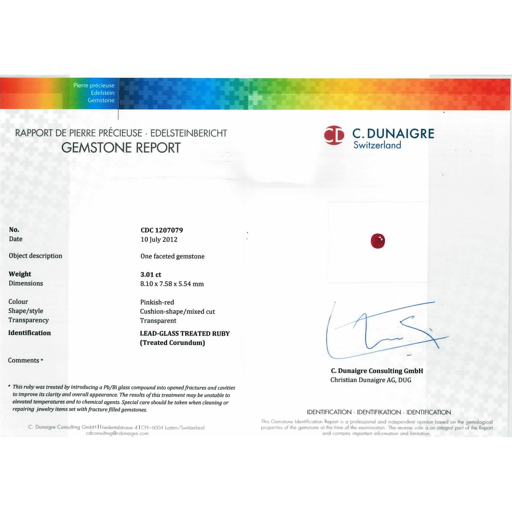 Certified Cushion Shaped Ruby Stone CDC1207079