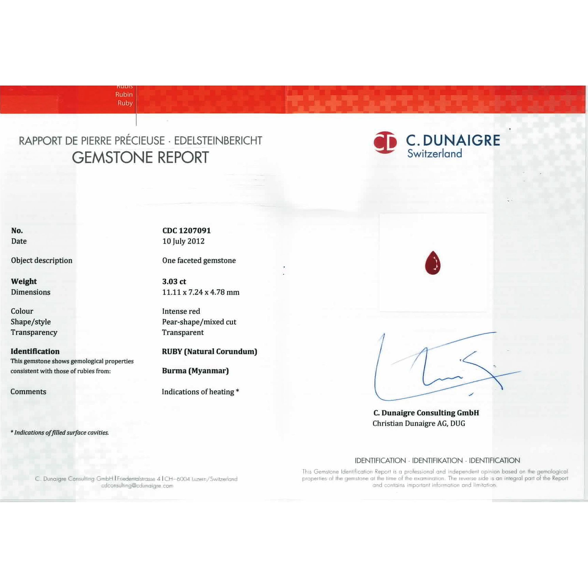 Certified Pear Shaped Ruby Stone CDC1207091