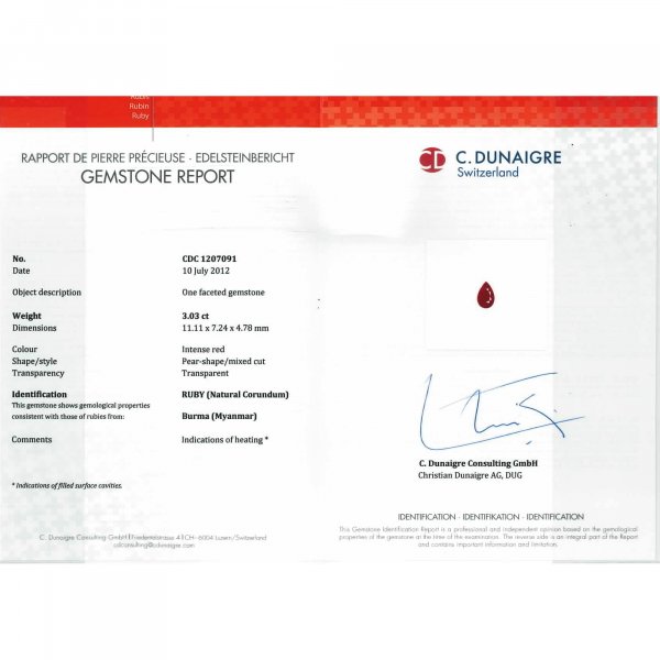 Certified Pear Shaped Ruby Stone CDC1207091