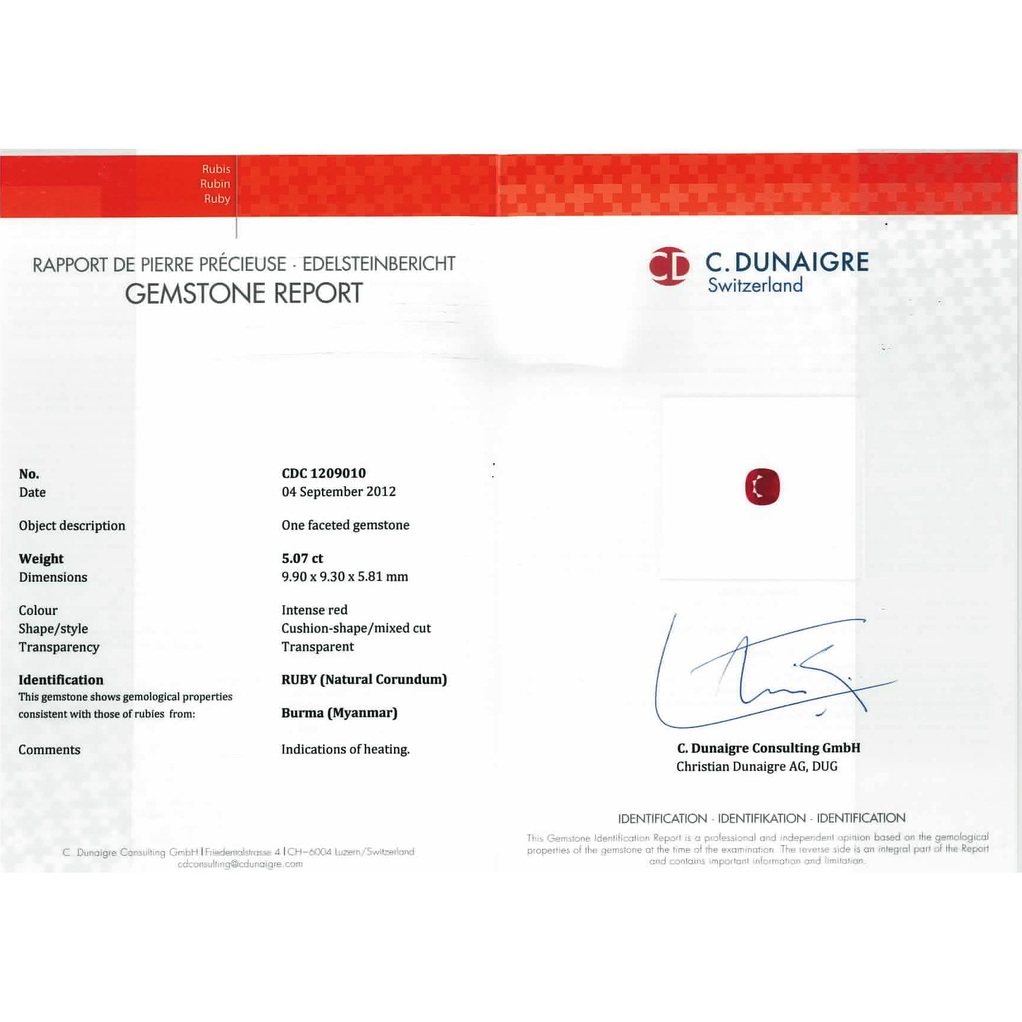 Certified Cushion Shaped Ruby Stone CDC1209010