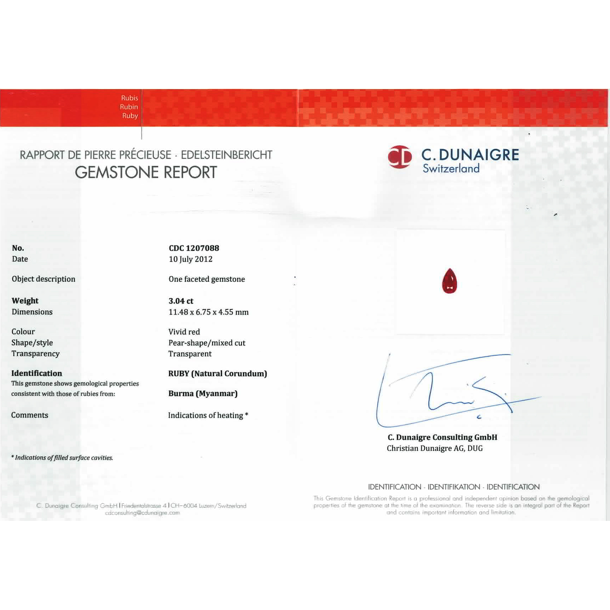 Certified Pear Shaped Ruby Stone CDC1207088