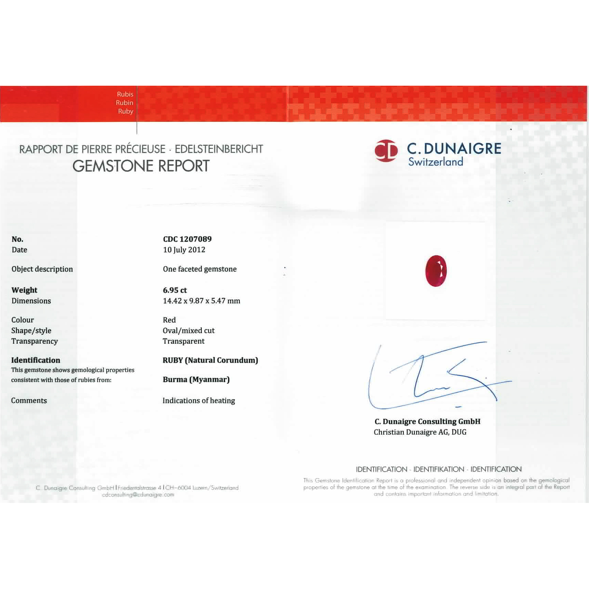 Certified Oval Shaped Ruby Stone CDC1207089