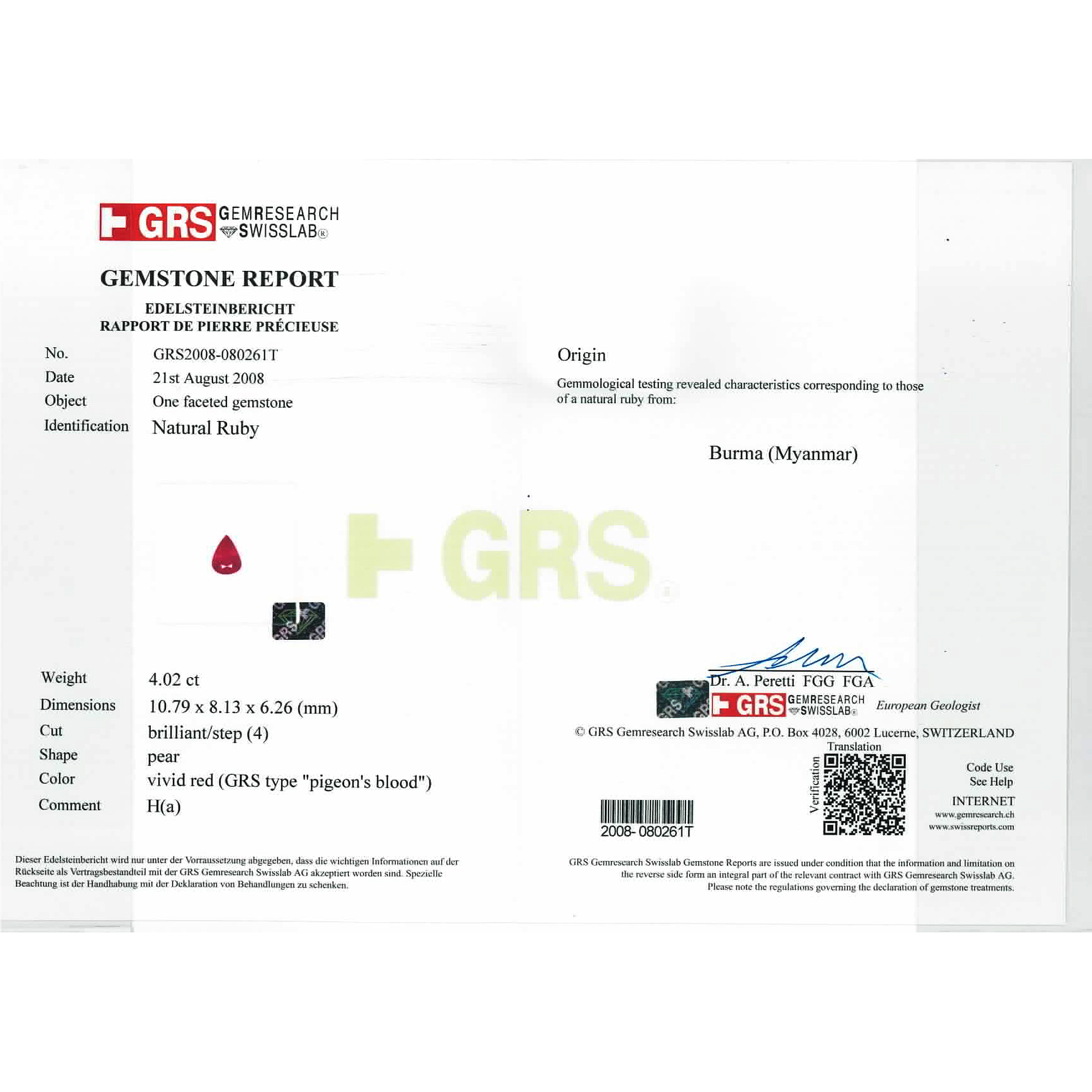Certified Pear Shaped Ruby Stone GRS2008-080261T
