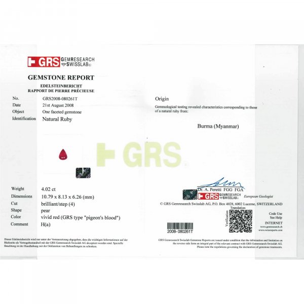Certified Pear Shaped Ruby Stone GRS2008-080261T