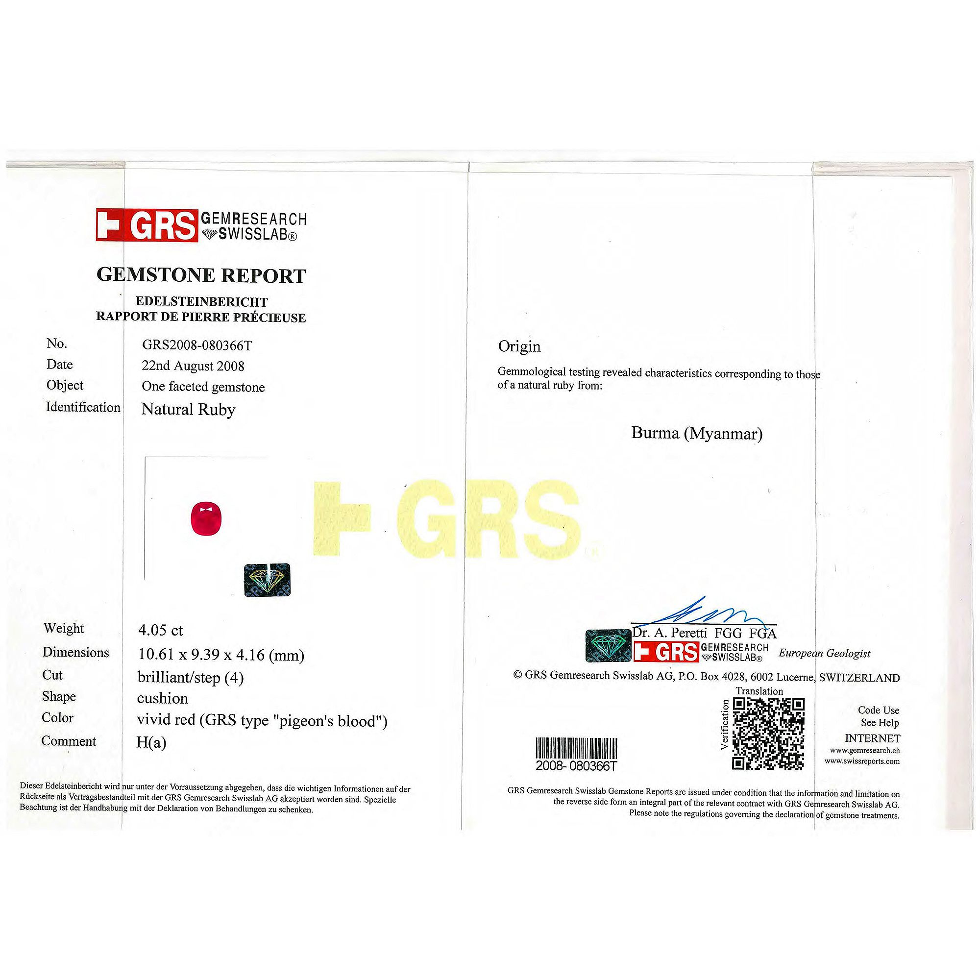 Certified Cushion Shaped Ruby Stone GRS2008-080366T
