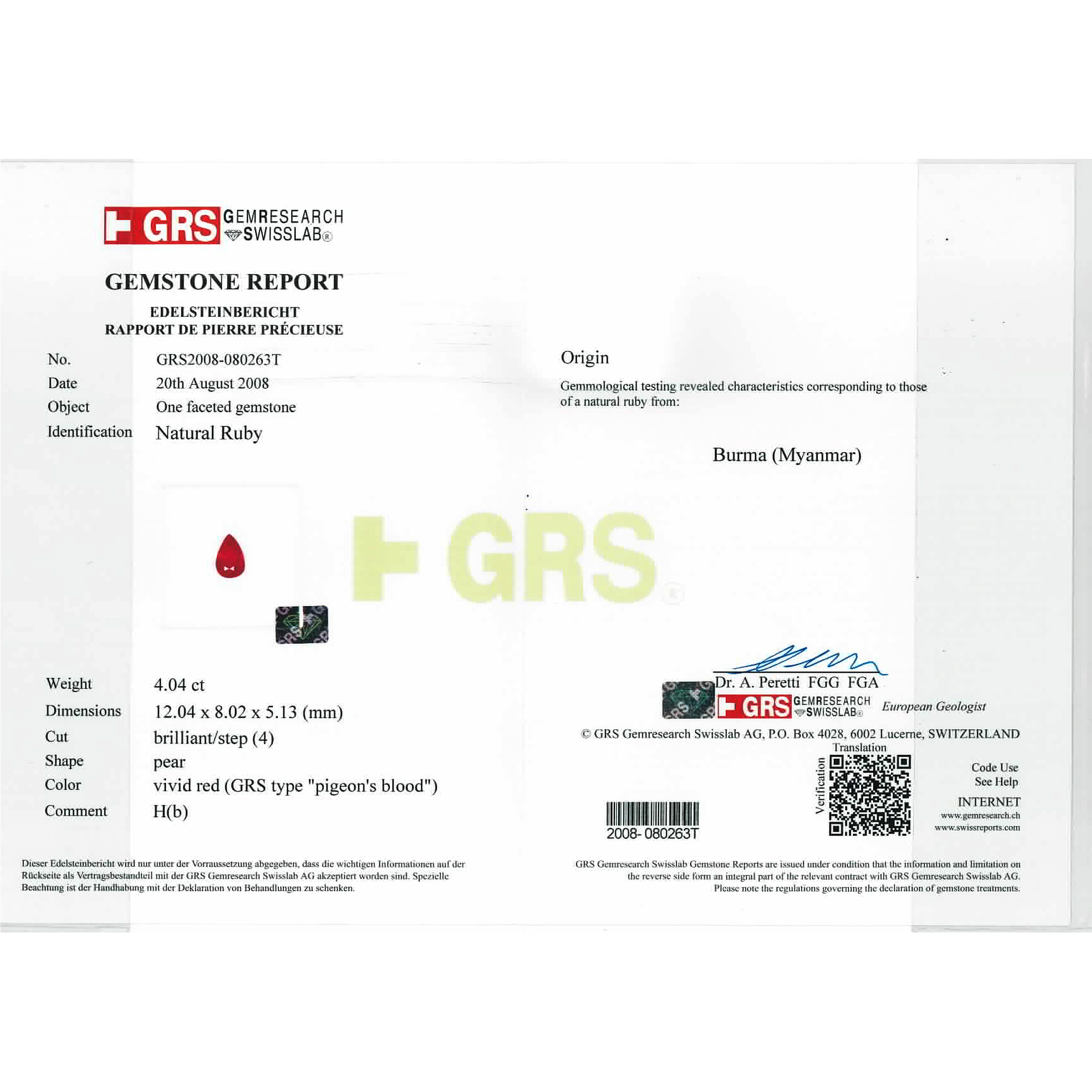 Certified Pear Shaped Ruby Stone GRS2008-080263T