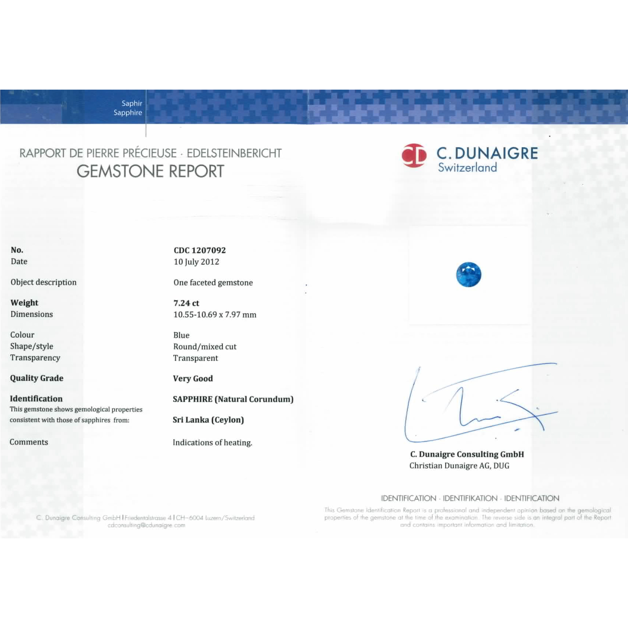 Certified Round Shaped Blue Sapphire Stone CDC1207092