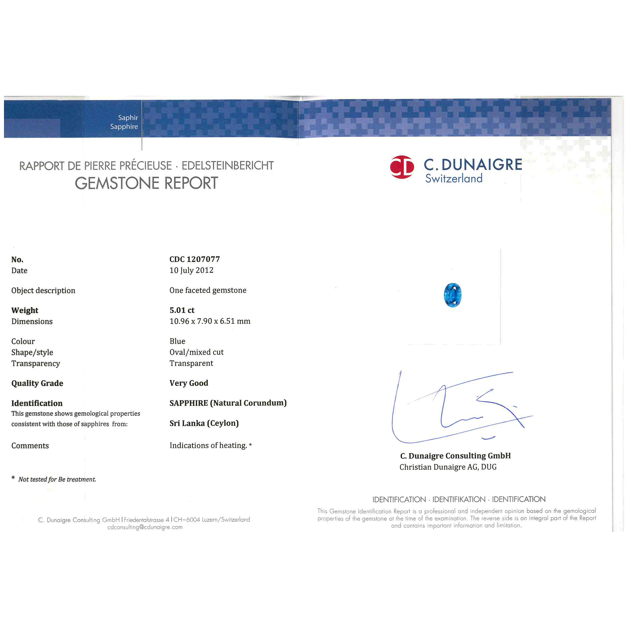 Certified Oval Shaped Blue Sapphire Stone CDC1207077