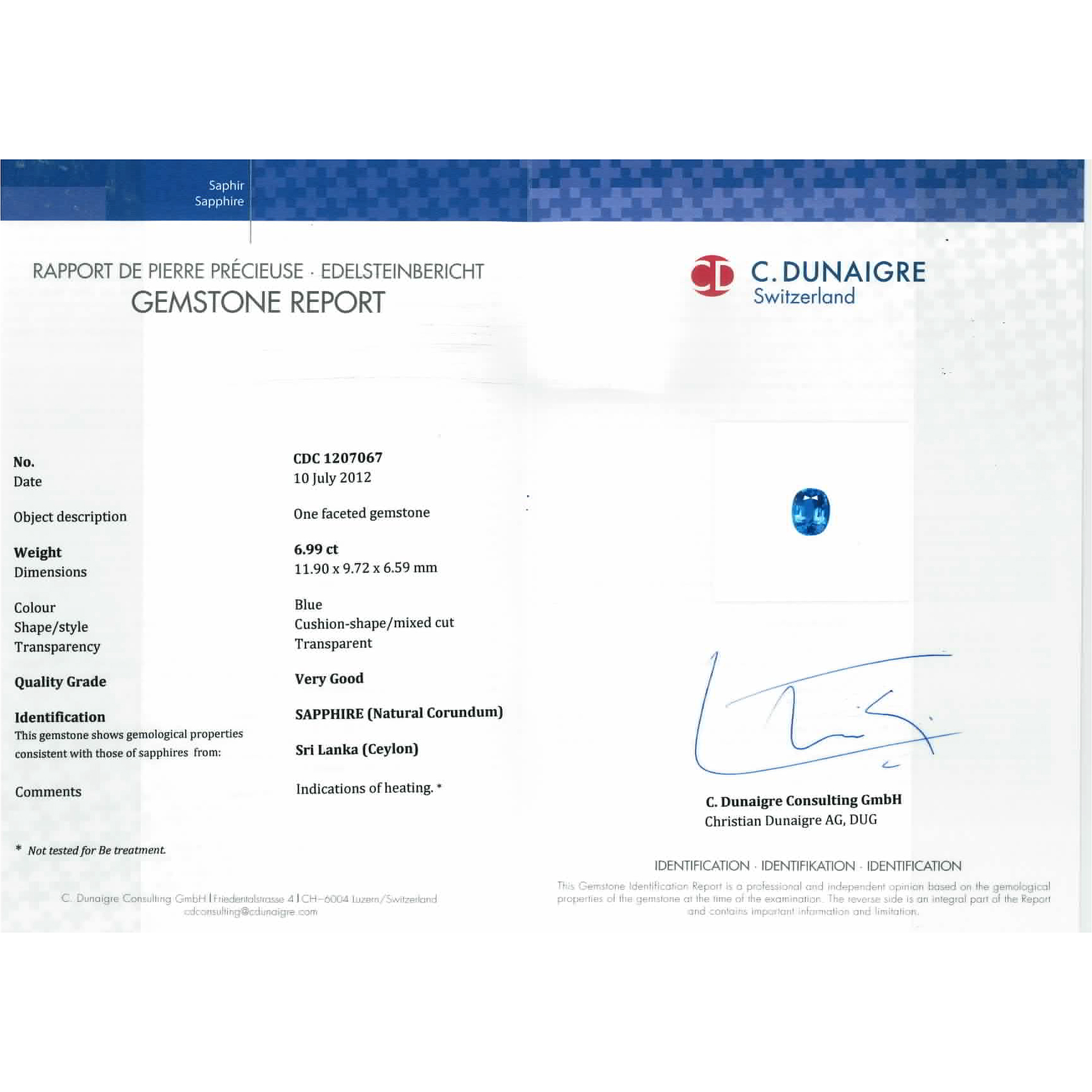 Certified Cushion Shaped Blue Sapphire Stone CDC1207067
