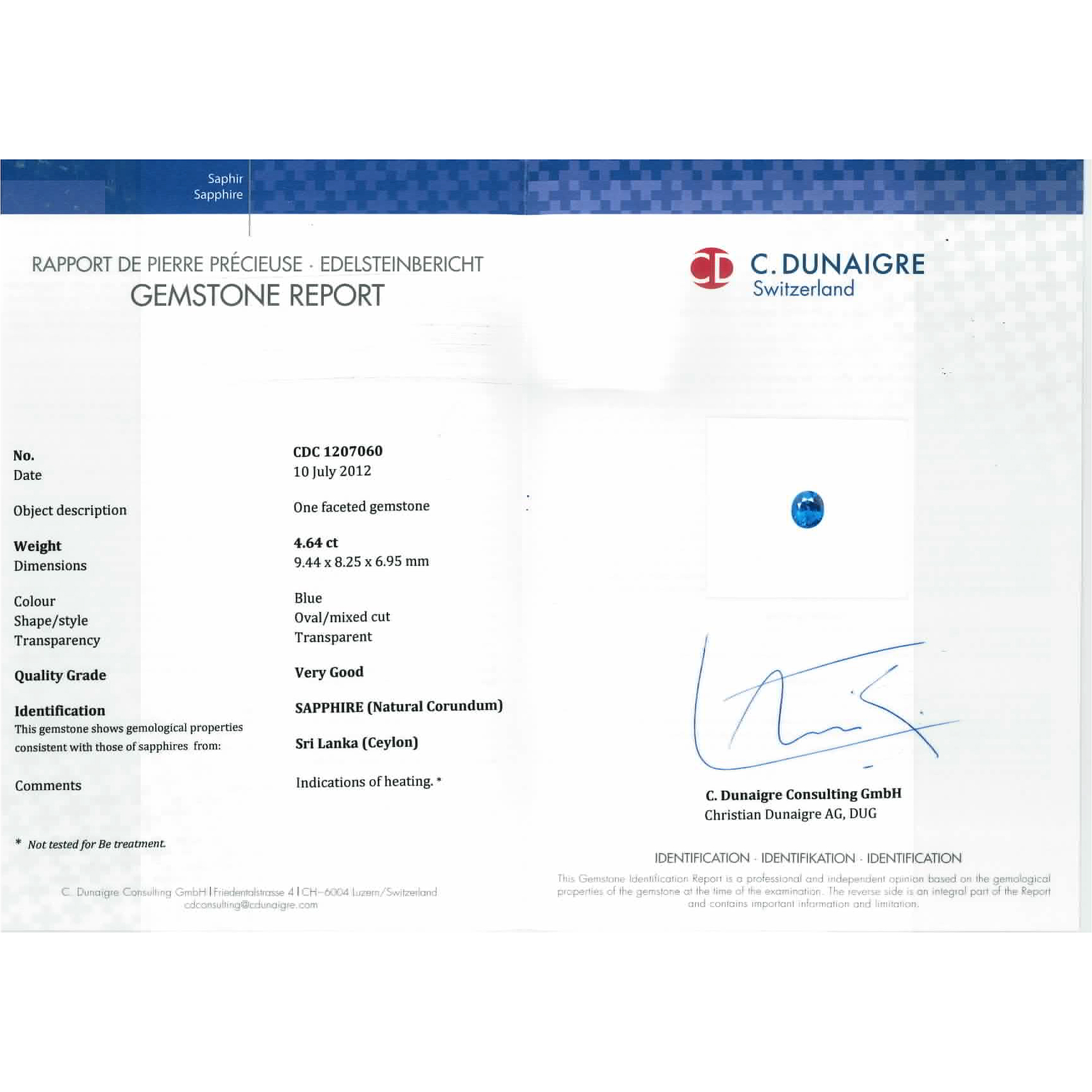 Certified Oval Shaped Blue Sapphire Stone CDC1207060