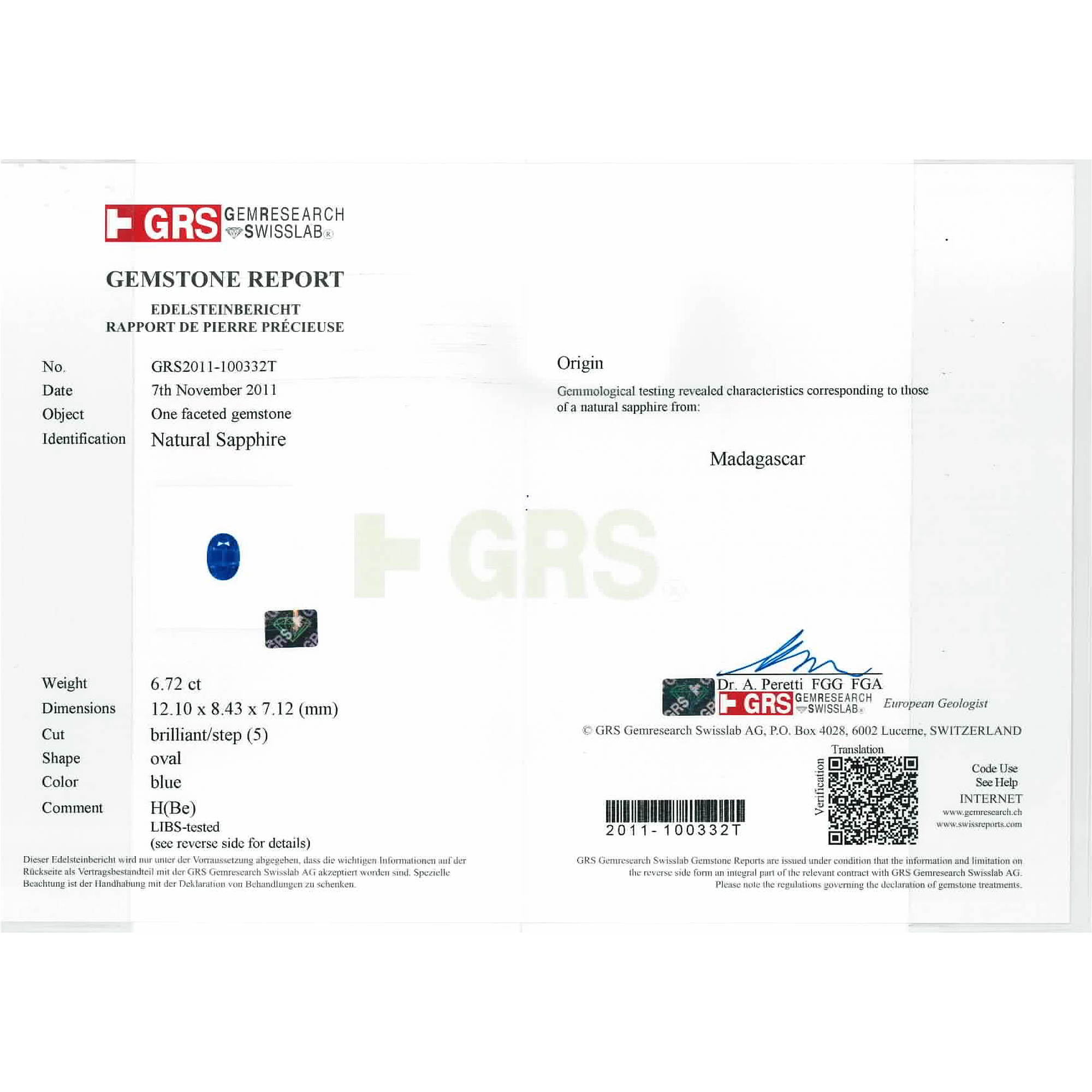 Certified Oval Shaped Blue Sapphire Stone GRS2011-100332T