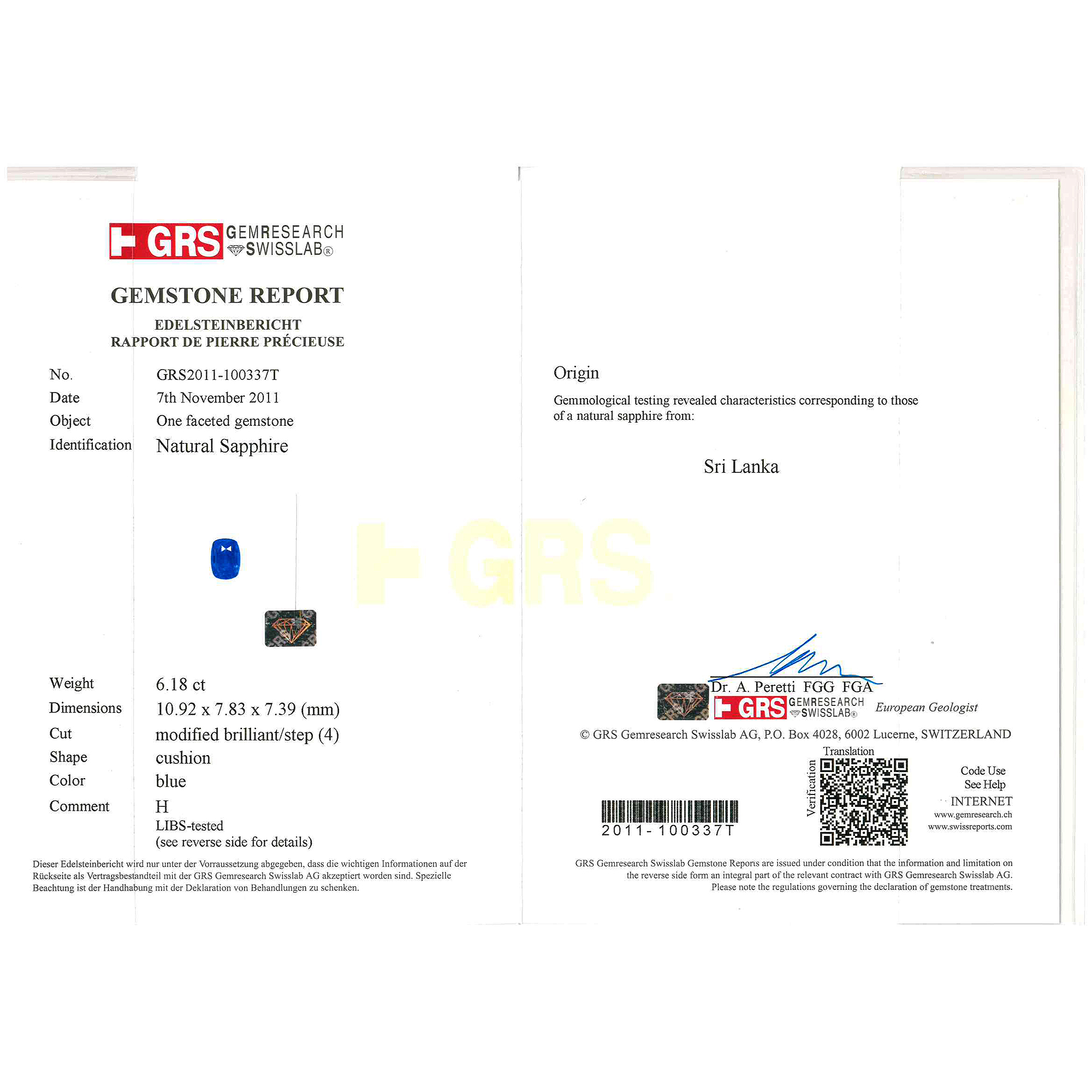 Certified Cushion Shaped Blue Sapphire Stone GRS2011-100337T