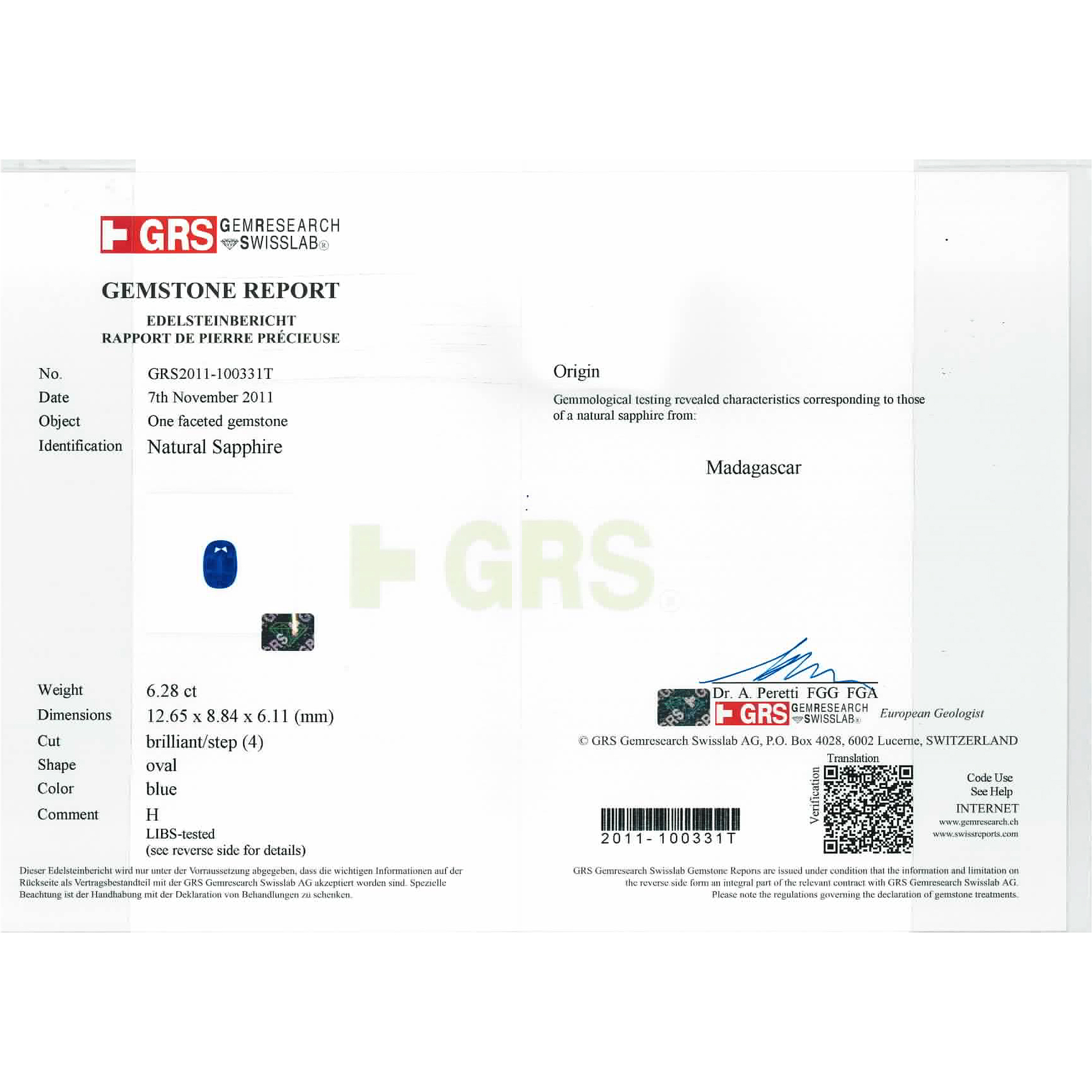 Certified Oval Shaped Blue Sapphire Stone GRS2011-100331T