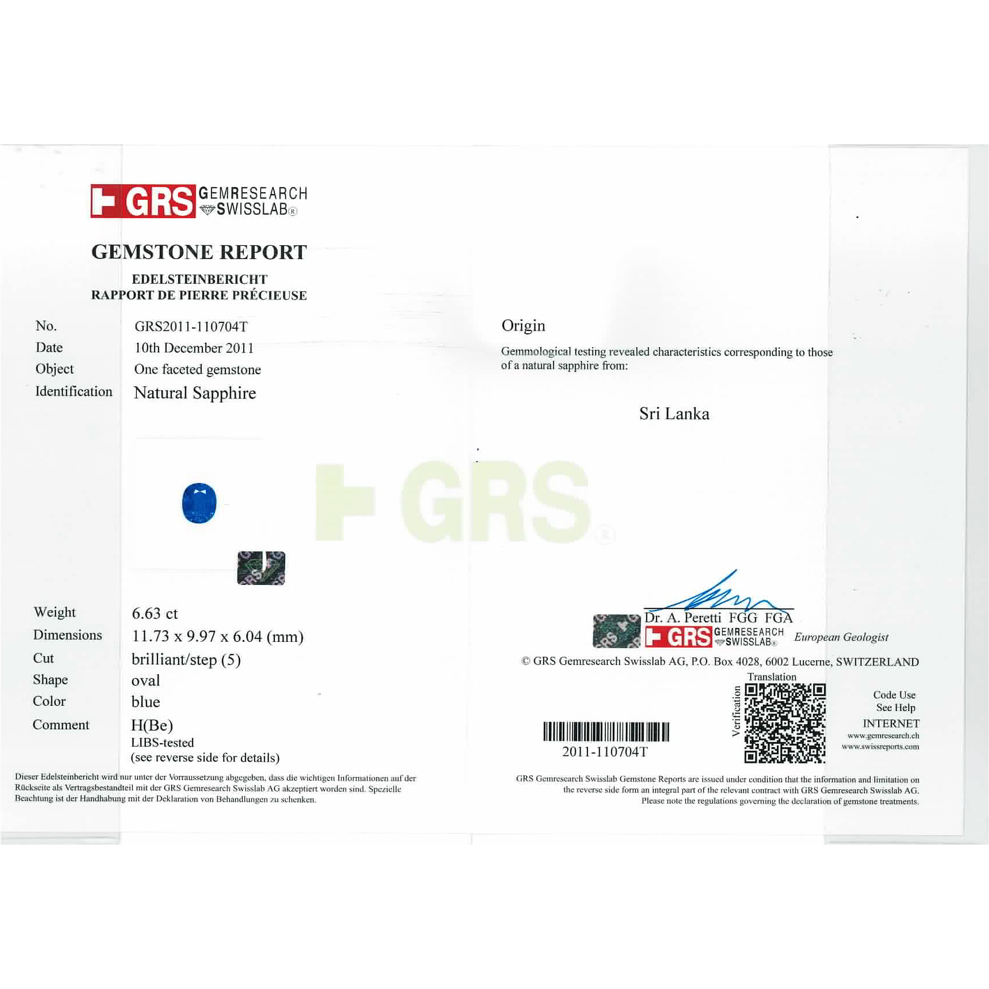 Certified Oval Shaped Blue Sapphire Stone GRS2011-110704T